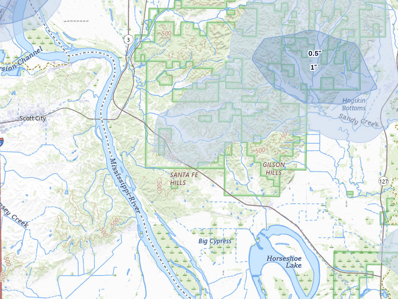 NEXRAD radar-signature map of the hail storm over Thebes, IL on Jul 8, 2026