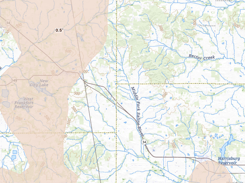 Radar-estimated hail-size map of the storm over Thompsonville, IL on Apr 27, 2026