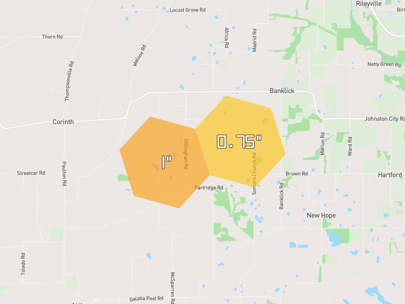 Hail map of Thompsonville, IL on Jul 4, 2026, hail up to 1"