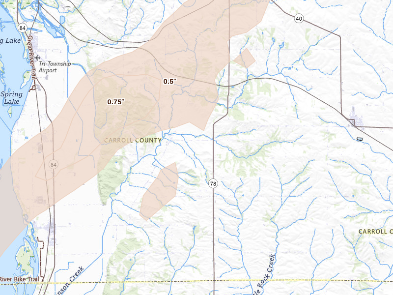 Radar-estimated hail-size map of the storm over Thomson, IL on Apr 2, 2026
