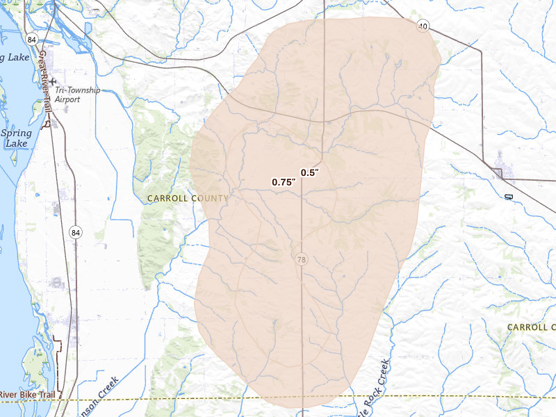 Radar-estimated hail-size map of the storm over Thomson, IL on Jun 10, 2026