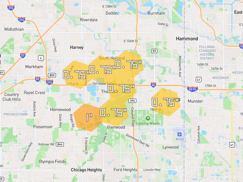 Hail map of Thornton, IL on Jul 4, 2026, hail up to 1"