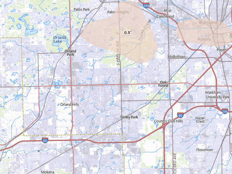 Radar-estimated hail-size map of the storm over Tinley Park, IL on Mar 26, 2026