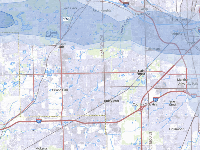 NEXRAD radar-signature map of the hail over Tinley Park, IL