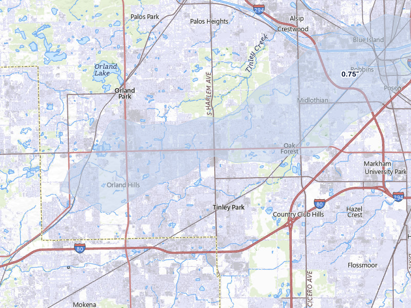 NEXRAD radar-signature map of the hail storm over Tinley Park, IL on Apr 2, 2026