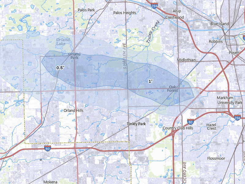 NEXRAD radar-signature map of the hail storm over Tinley Park, IL on Apr 21, 2026