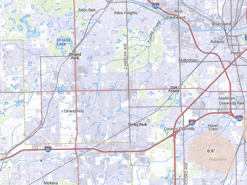 Radar-estimated hail-size map of the storm over Tinley Park, IL on May 4, 2026