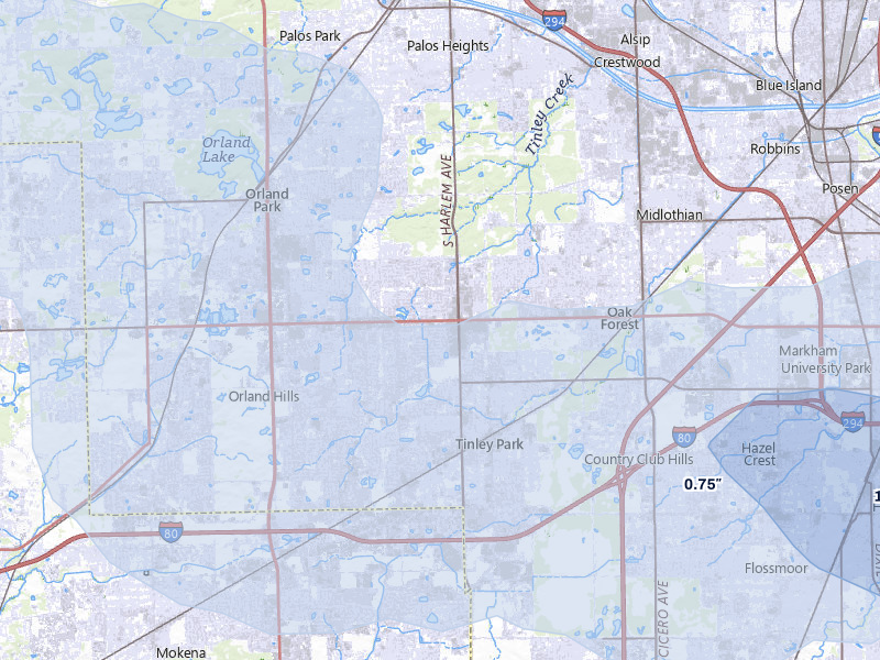 NEXRAD radar-signature map of the hail storm over Tinley Park, IL on May 4, 2026