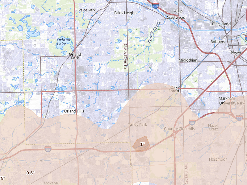 Radar-estimated hail-size map of the storm over Tinley Park, IL on Jul 3, 2026