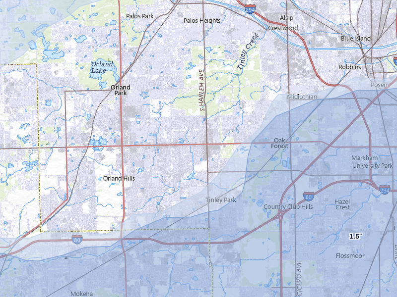 NEXRAD radar-signature map of the hail storm over Tinley Park, IL on Jul 3, 2026