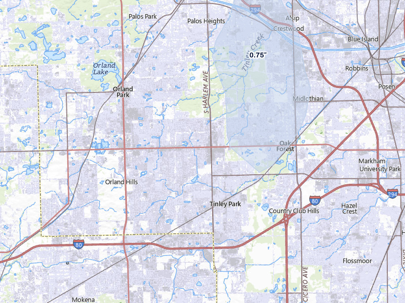 NEXRAD radar-signature map of the hail storm over Tinley Park, IL on Jul 20, 2026