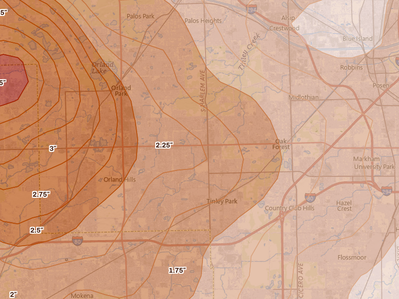 Radar-estimated hail-size map of the storm over Tinley Park, IL on Jul 27, 2026