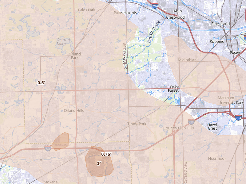 Radar-estimated hail-size map of the storm over Tinley Park, IL on Aug 9, 2026