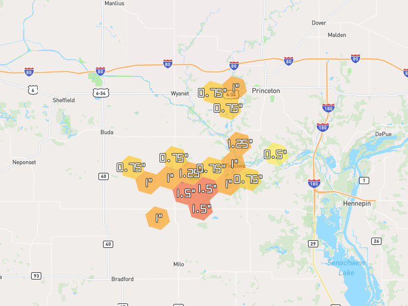 Hail map of Tiskilwa, IL on Jul 3, 2026, hail up to 1.5"