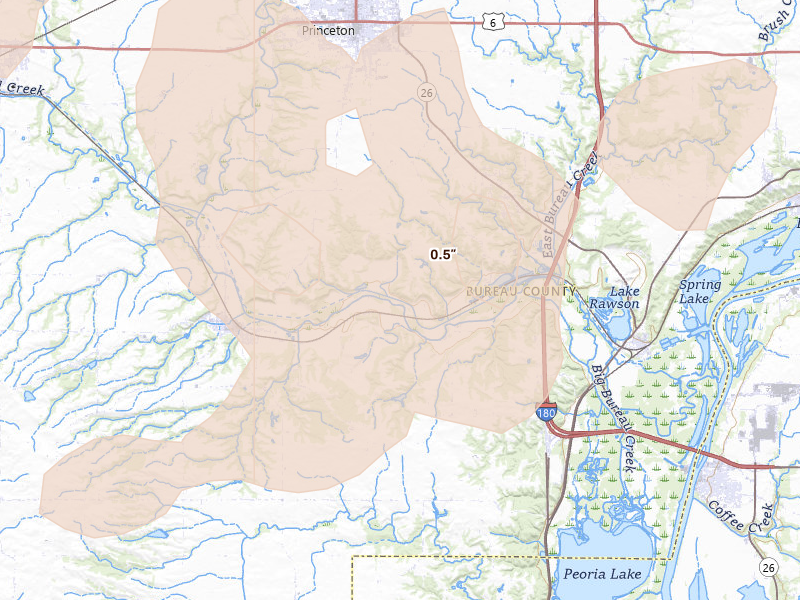 Radar-estimated hail-size map of the storm over Tiskilwa, IL on Aug 11, 2026