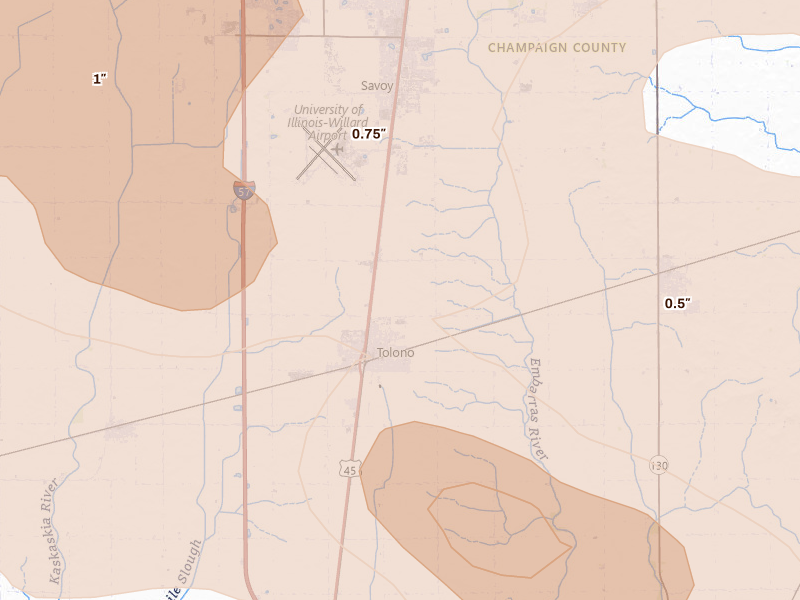 Radar-estimated hail-size map of the storm over Tolono, IL on Aug 11, 2026