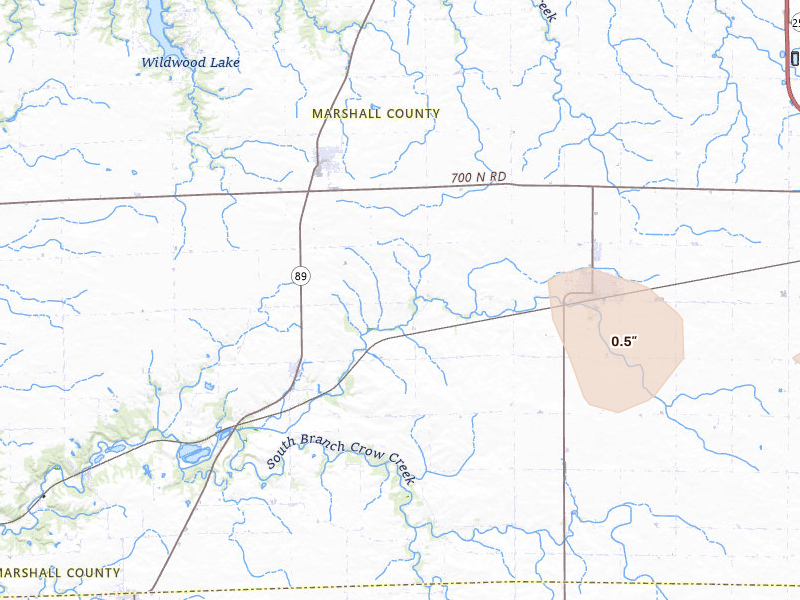Radar-estimated hail-size map of the storm over Toluca, IL on May 4, 2026