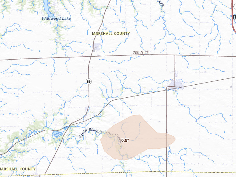 Radar-estimated hail-size map of the storm over Toluca, IL on Jun 5, 2026