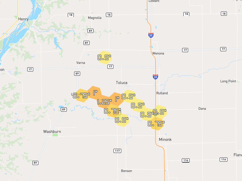 Hail map of Toluca, IL on Jun 6, 2026, hail up to 1.25"