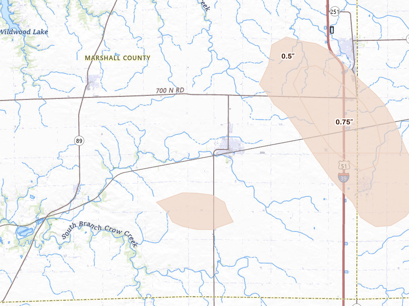 Radar-estimated hail-size map of the storm over Toluca, IL on Aug 21, 2026