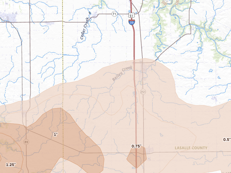 Radar-estimated hail-size map of the storm over Tonica, IL on Mar 10, 2026