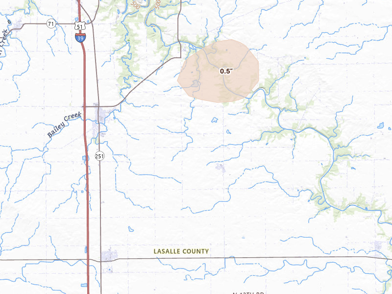 Radar-estimated hail-size map of the storm over Tonica, IL on Aug 13, 2026