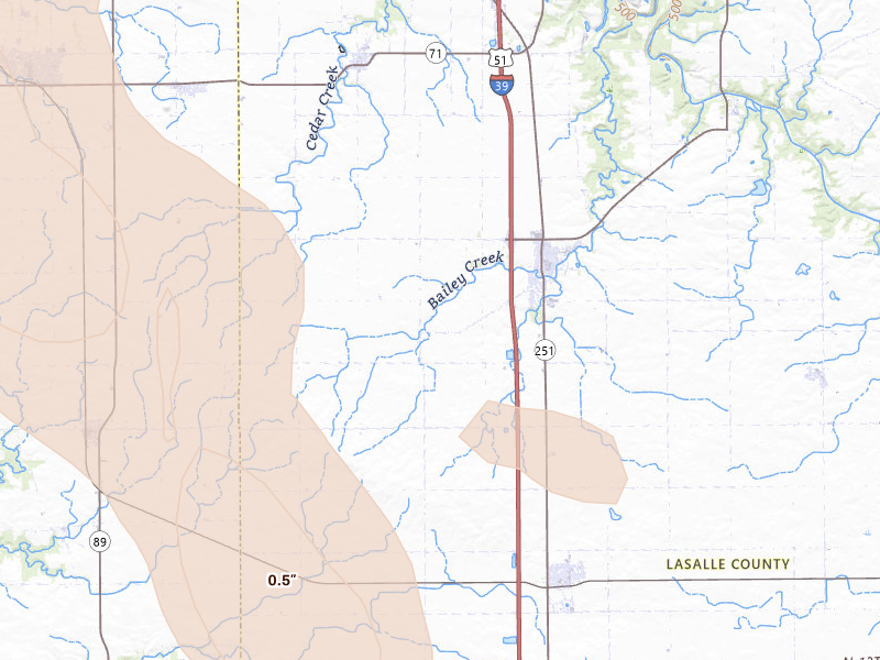 Radar-estimated hail-size map of the storm over Tonica, IL on Aug 21, 2026