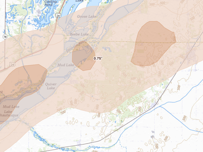 Radar-estimated hail-size map of the storm over Topeka, IL on Mar 10, 2026