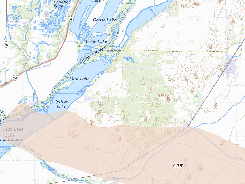 Radar-estimated hail-size map of the storm over Topeka, IL on May 4, 2026
