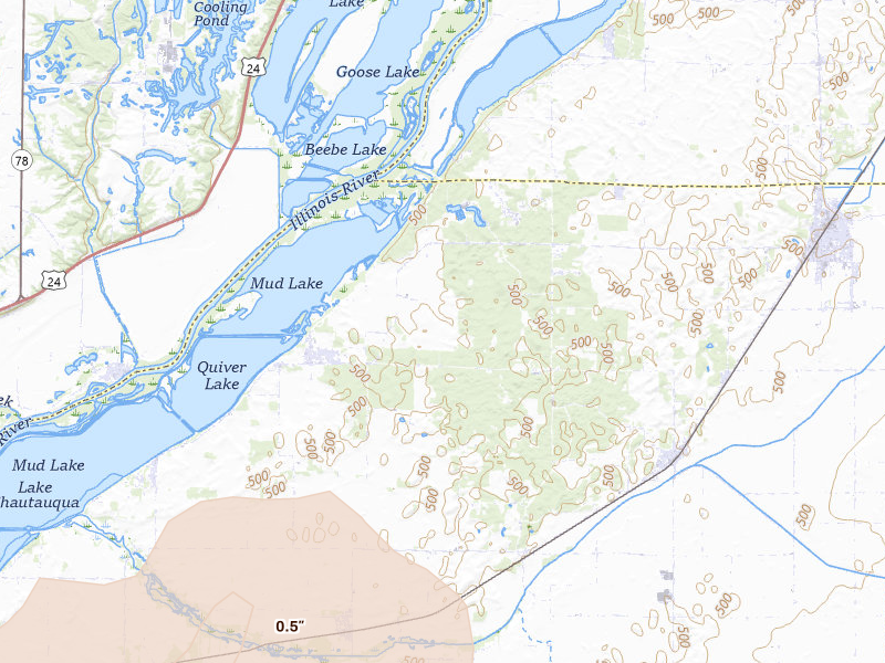 Radar-estimated hail-size map of the storm over Topeka, IL on Jun 10, 2026