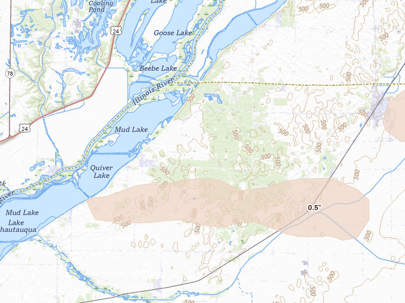 Radar-estimated hail-size map of the storm over Topeka, IL on Jun 17, 2026