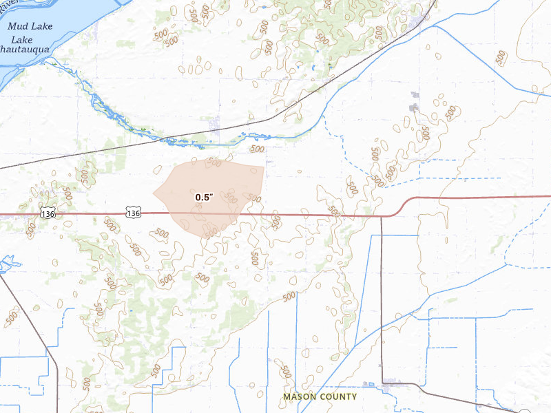 Radar-estimated hail-size map of the storm over Topeka, IL on Aug 14, 2026