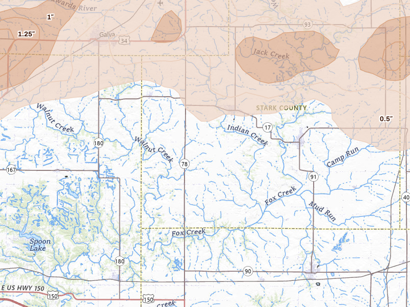 Radar-estimated hail-size map of the storm over Toulon, IL on Mar 10, 2026