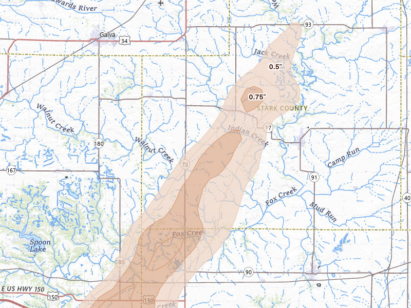 Radar-estimated hail-size map of the storm over Toulon, IL on Apr 17, 2026