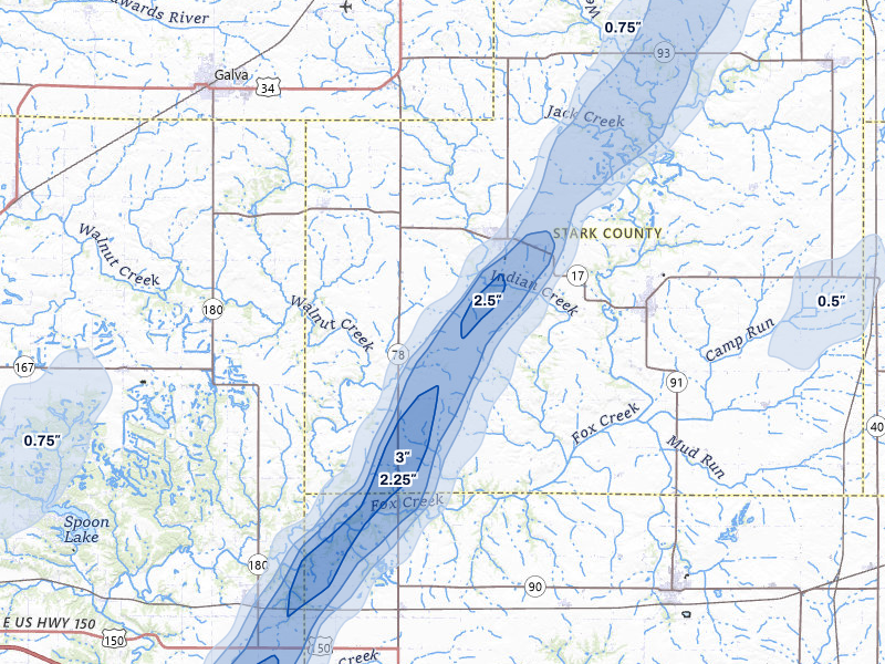 NEXRAD radar-signature map of the hail over Toulon, IL