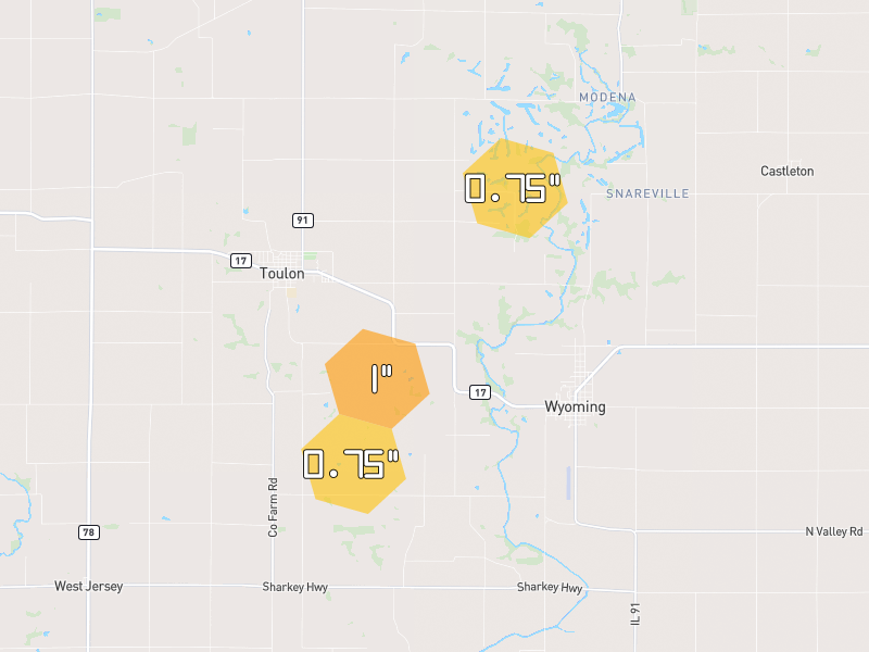 Hail map of Toulon, IL on Jul 3, 2026, hail up to 1"