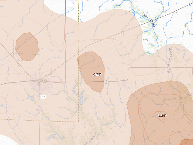 Radar-estimated hail-size map of the storm over Tower Hill, IL on Jun 17, 2026