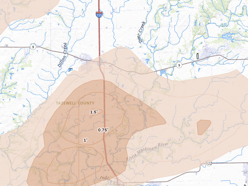 Radar-estimated hail-size map of the storm over Tremont, IL on Apr 3, 2026