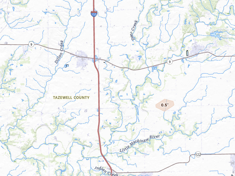 Radar-estimated hail-size map of the storm over Tremont, IL on Apr 27, 2026