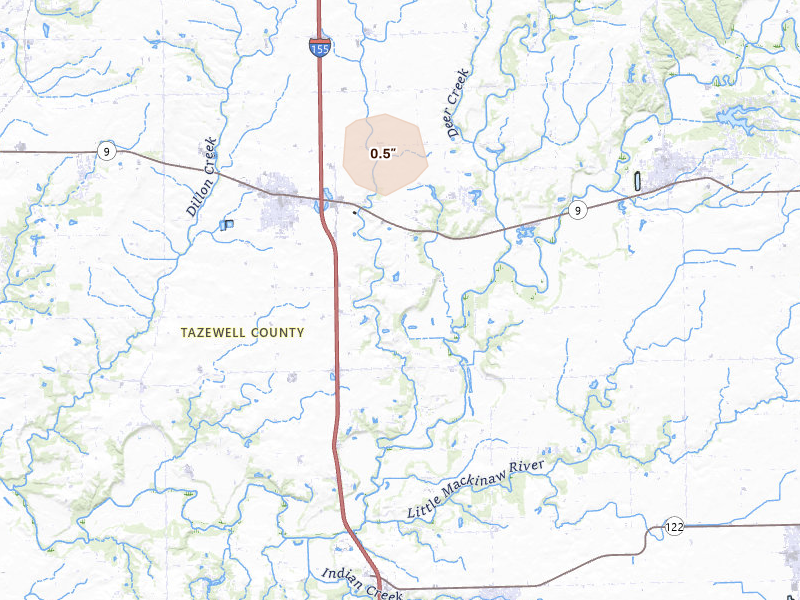 Radar-estimated hail-size map of the storm over Tremont, IL on Jun 9, 2026