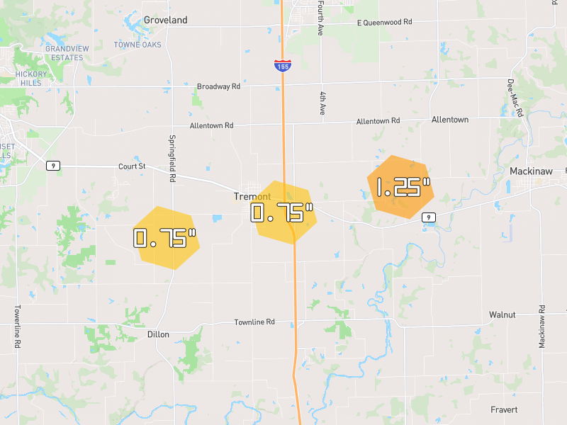 Hail map of Tremont, IL on Jul 4, 2026, hail up to 1.25"