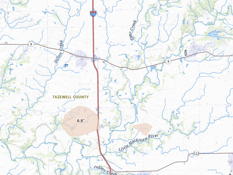 Radar-estimated hail-size map of the storm over Tremont, IL on Aug 14, 2026