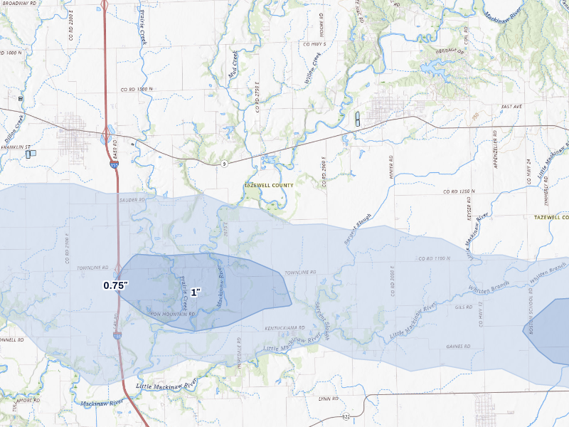 NEXRAD radar-signature map of the hail storm over Tremont, IL on Aug 14, 2026
