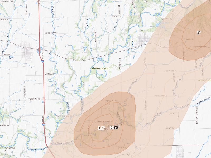 Radar-estimated hail-size map of the storm over Tremont, IL
