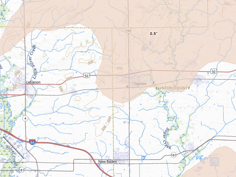 Radar-estimated hail-size map of the storm over Trenton, IL on Apr 27, 2026