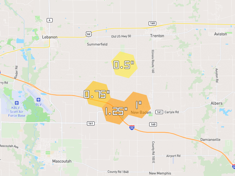Hail map of Trenton, IL on Jun 1, 2026, hail up to 1.25"