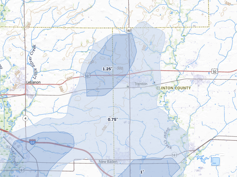 NEXRAD radar-signature map of the hail storm over Trenton, IL on Jul 8, 2026