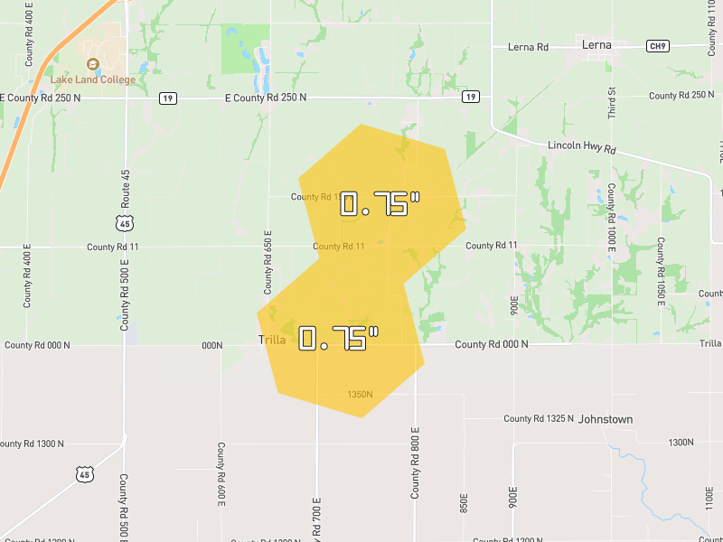 Hail map of Trilla, IL on Jul 4, 2026, hail up to 0.75"