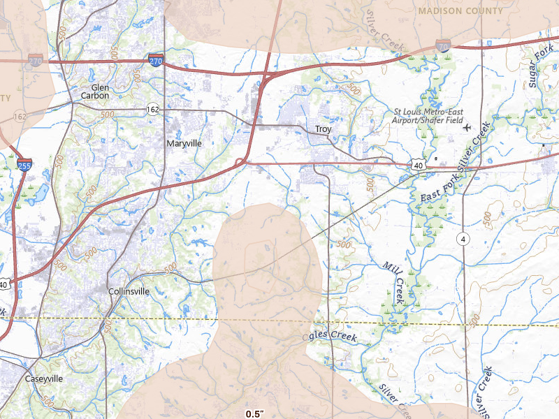 Radar-estimated hail-size map of the storm over Troy, IL on May 31, 2026