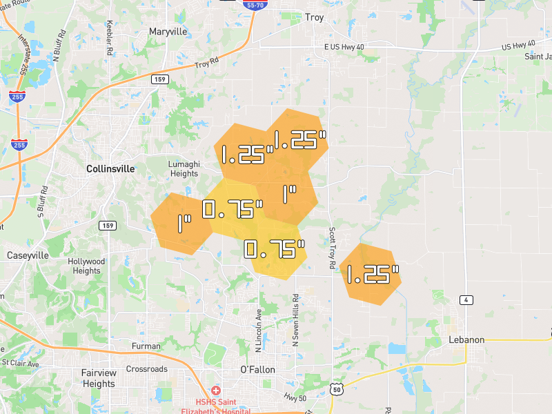 Hail map of Troy, IL on Jun 1, 2026, hail up to 1.25"